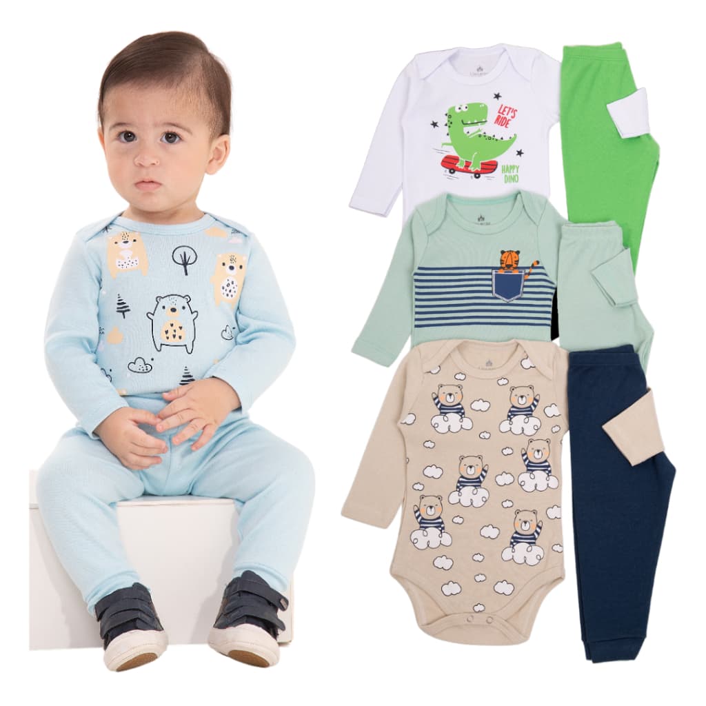 Kit 4 Pecas Menino (2 Body Longo + 2 Calca Mijao) — Enxoval de Bebe 2026 | Comprar na Shopee com desconto