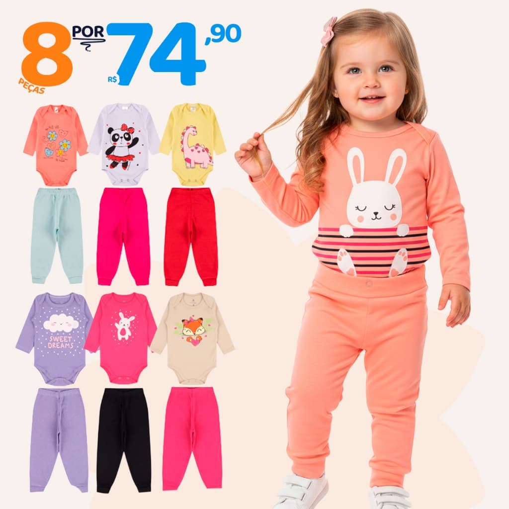 Kit 8 Pecas Menina (4 Body Longo + 4 Calca Mijao) — Enxoval de Bebe 2026 | Comprar na Shopee com desconto