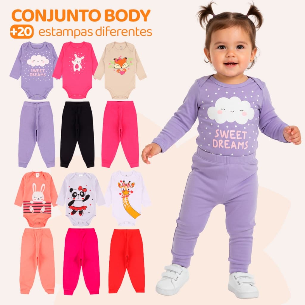 Kit 8 Pecas Menina (4 Body Longo + 4 Mijao) Conjunto — Enxoval de Bebe 2026 | Comprar na Shopee com desconto